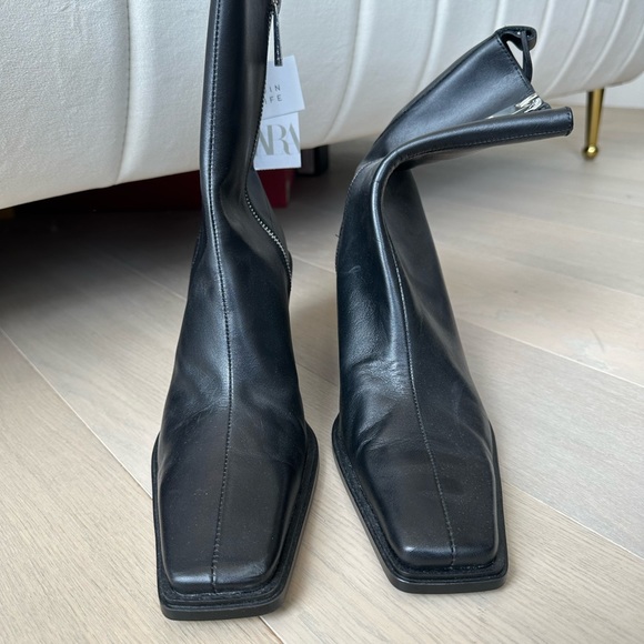 Zara long square toe heeled boots made of leather - Picture 4 of 6